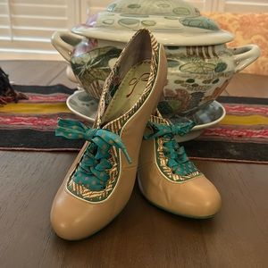 Poetic License Beige Shoes with Teal and Gold Accents